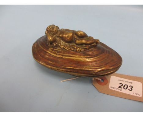 Late 19th / early 20th Century bronze trinket box in the form of an oyster shell mounted with a cherub on dolphin form suppor
