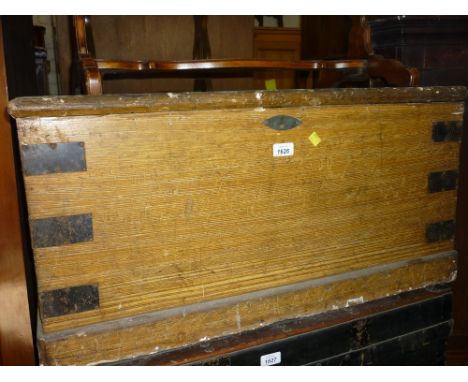19th Century rectangular stained pine metal mounted trunk