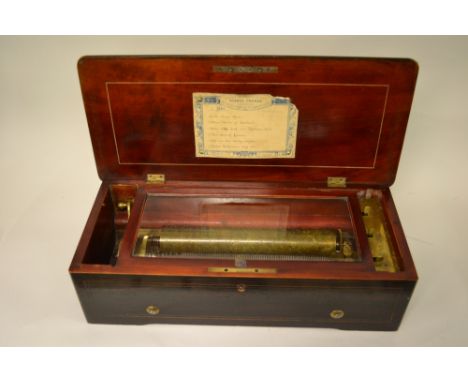 19th Century rosewood line and mother of pearl inlaid musical box by Nicole Freres, the 11in cylinder playing six airs, No. 4