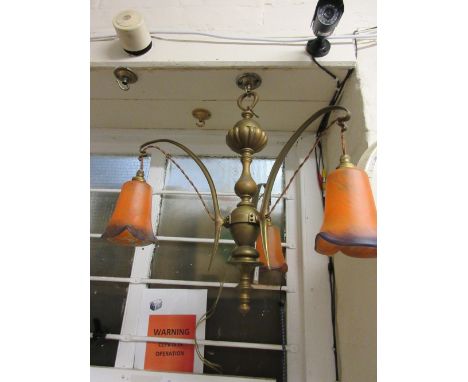 French Art Nouveau brass three branch ceiling light having mottled orange glass shades with etched signature for Vianne, 21.5