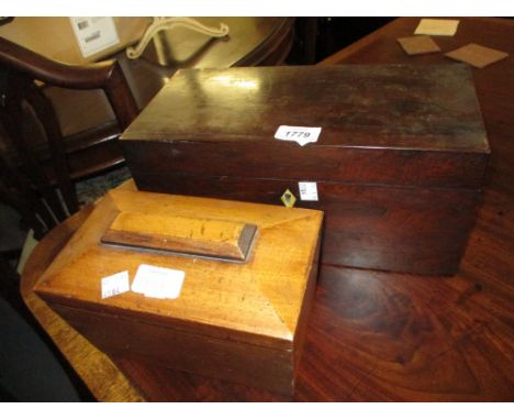 19th Century rosewood two division tea caddy (mixing bowl missing) and a sarcophagus shaped mahogany two division tea caddy