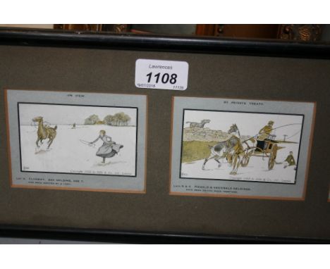 Group of four small early 20th Century sporting prints housed in a single frame together with a portrait engraving of a lady 