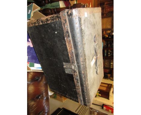 Small 19th Century metal mounted linen covered dome top trunk