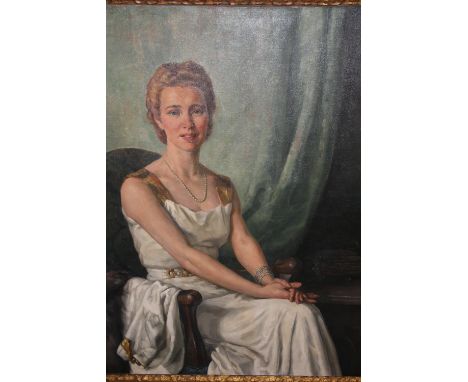Hans Bertle, mid 20th Century oil on canvas, portrait of a seated lady wearing a white gown, signed and dated 1942, 43ins x 3