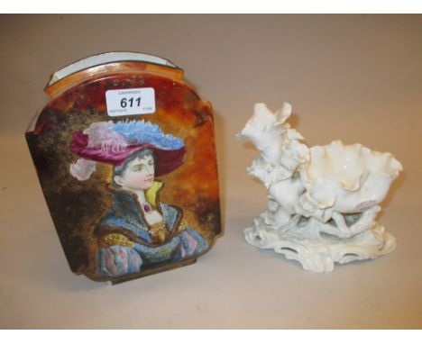 19th Century Continental pottery vase painted with a portrait of a lady together with a small Moore Brothers porcelain compor