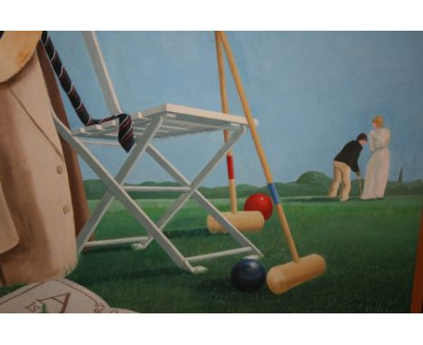 20th Century oil on board, garden scene with figures playing croquet, signed with initials B.N., 28ins x 36ins, framed