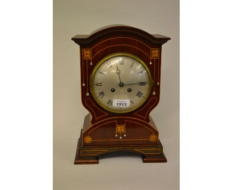 Edwardian mahogany and inlaid mantel clock of Art Nouveau design, the silvered dial with Roman numerals, with a two train Fre