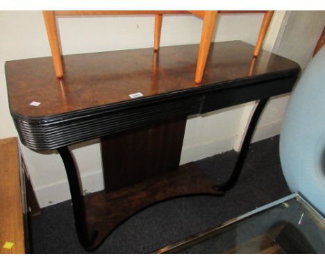 Late 20th Century Italian walnut and ebonised console table with diamond line inlaid back support and slender shaped supports