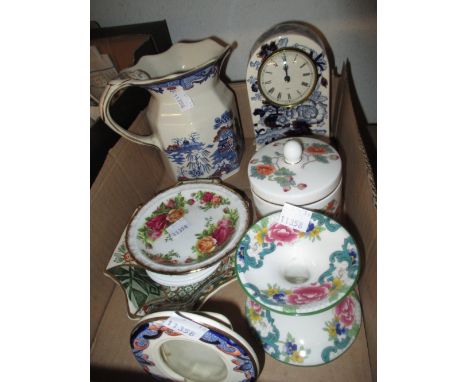 Masons pottery mantel clock and jug together with a small quantity of other ceramics 