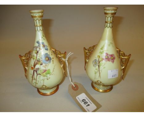 Pair of small Royal Worcester blush ivory vases of Japanesque design painted with flowers together with a pair of similar spi