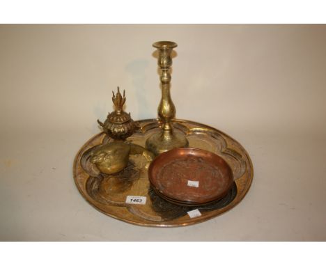 Circular brass Middle Eastern tray, similar candlestick, two other items of Middle Eastern brass and four copper embossed pla