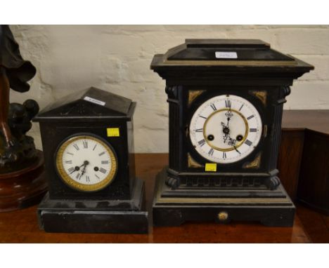 19th Century black slate two train mantel clock together with a continental ebonised two train mantel clock (a/f)