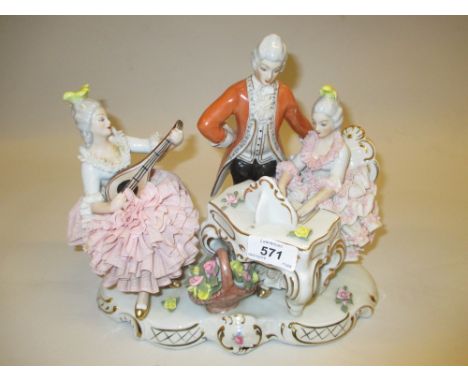 Modern continental porcelain group of musicians and a composition table lamp in the form of a girl with a basket of flowers