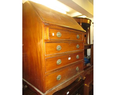 Small late 19th or early 20th Century mahogany bureau, the fall front with oval inlaid panel enclosing a fitted interior over