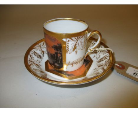 Early 19th Century English cup and saucer finely painted with river landscape, vignettes
