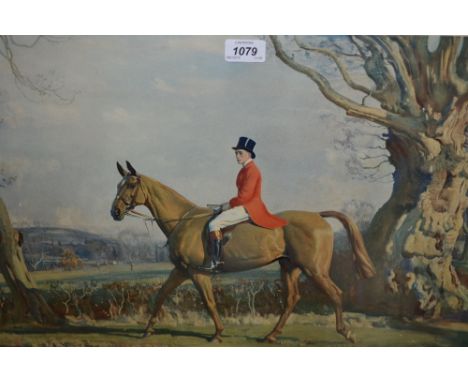 Large framed coloured print, H.R.H. the Prince of Wales on Forest Witch after the portrait by Munnings, three mid 20th Centur