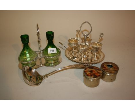 Silver plated egg cup stand, silver plated oil and vinegar stand with green glass bottles, pair of plated berry spoons, a lad