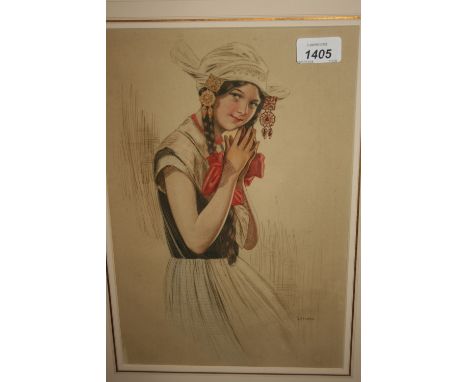 W.G. Easton, British school watercolour, portrait of a young girl in National costume, 13ins x 9ins