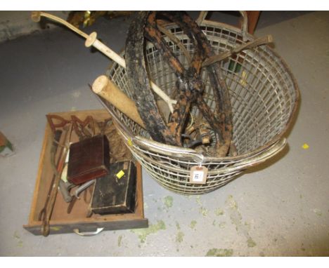 Two wire work farm baskets together with a large quantity of various farming tools including: pitch forks, farm wheel etc