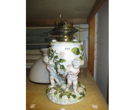 19th Century Sitzendorf floral encrusted porcelain oil lamp on three cherub supports with a white opaque glass shade