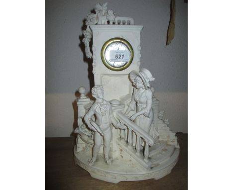 Continental white bisque porcelain mantel clock mounted with figures and a pair of similar figural mounted oval vases