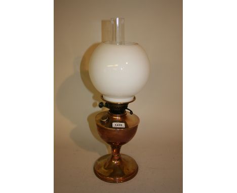 Early 20th Century brass and copper oil lamp with opaque glass shade (a/f)
