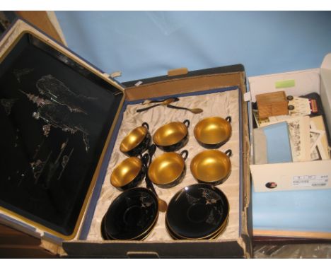 Cased Japanese lacquer tea service together with a small quantity of miscellaneous items