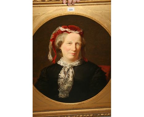 Samuel Sidley, oil on canvas, portrait of a lady wearing a red bonnet and lace scarf, signed, S. Sidley and dated 1872, 26ins
