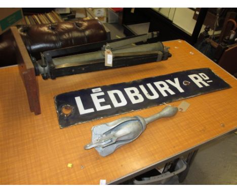 Enamel sign for Ledbury Road (a/f), ships folding anchor and a folding tripod stand
