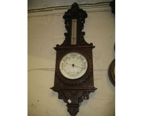 19th Century carved oak aneroid barometer