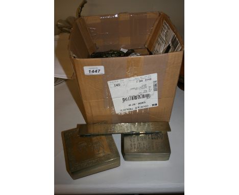 Two 20th Century Chinese brass boxes, a similar scroll weight, Chinese brass mounted wooden casket and a small soapstone box 