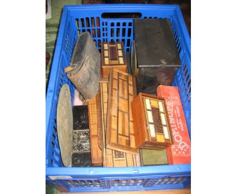 Box containing a quantity of various cribbage boards, cash tin, safe plaque, Kodak camera and a mantel clock