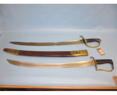 Two 19th Century short sabres, one with brass mounted leather scabbard