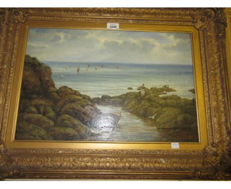 S. Hutton, oil on canvas, coastal scene with figures unloading lobster pots from a boat to the foreground, a fishing fleet at