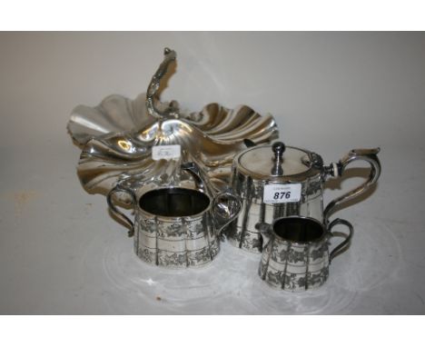 Silver plated three piece tea service and a plated trefoil dish