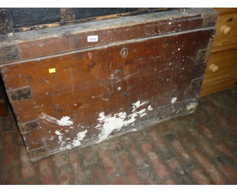 19th Century stained pine metal mounted trunk
