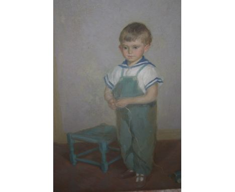 H.A. Finney, signed oil, portrait of a boy standing by a blue stool, inscribed verso, ' Portrait of Nicholas ', 22ins x 17ins