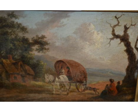 Attributed to George Morland, oil on card laid onto panel, landscape with horsedrawn carriage, figures and dog, oil sketch ve