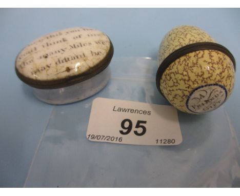 George III Bilston or Battersea enamel oval patch box together with another similar egg form box inscribed ' A Friend's Gift 
