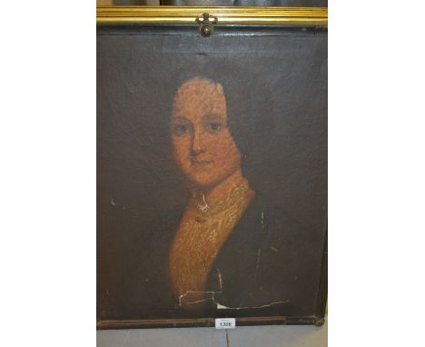 19th Century English provincial school oil on canvas, half length portrait of a lady, ebonised framed (a/f), 22ins x 18ins