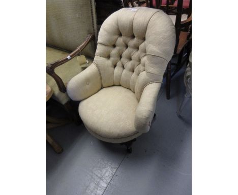 Victorian button upholstered tub shaped chair raised on carved walnut cabriole front supports