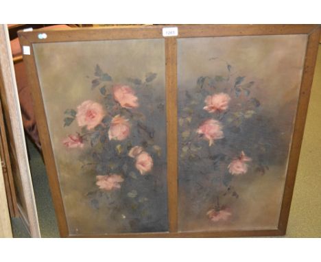 Emily Pellereau, pair of oil paintings on canvas, flower studies, signed (currently mounted as a fire screen)