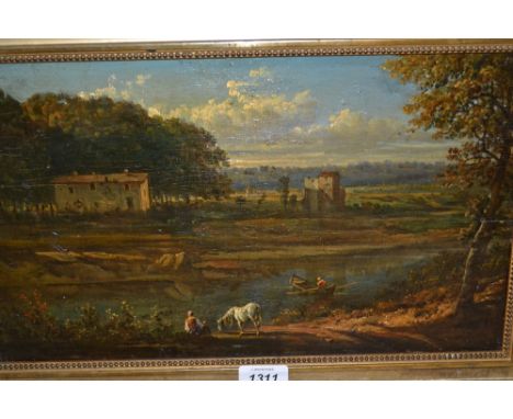 18th / 19th Century oil on panel, Italianate landscape with boatman and figure with horse to the foreground, 9ins x 15.5ins