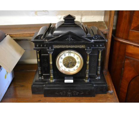 19th Century black slate and metal mounted two train mantel clock