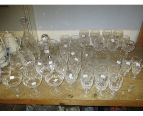 Waterford crystal Colleen pattern part suite of drinking glasses, together with a ship's decanter, another decanter, salt and