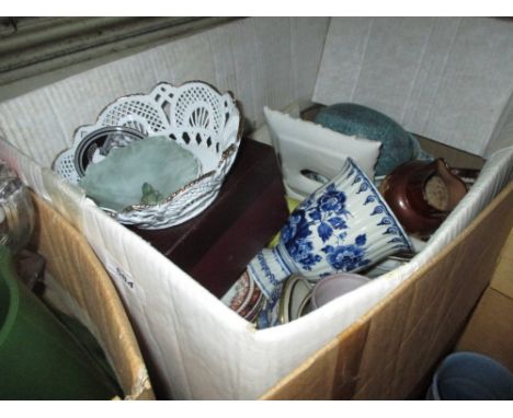 Box containing a quantity of miscellaneous decorative china including Royal Copenhagen dish (a/f) and a Poole pottery vase