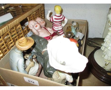 Painted bisque porcelain piano doll in the form of a seated African man in top hat (a/f), together with various other pottery
