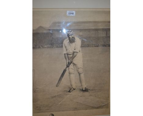 Framed print, portrait of W.G. Grace, signed Archibold S. Wortley and W.G. Grace with blind stamp, 21.5ins x 16.5ins