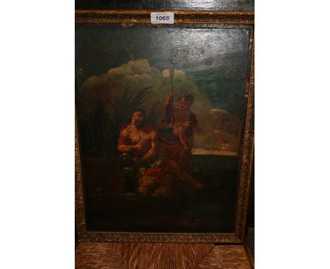 19th Century oil on panel, study of Neptune with attendant, 16ins x 12ins, gilt framed