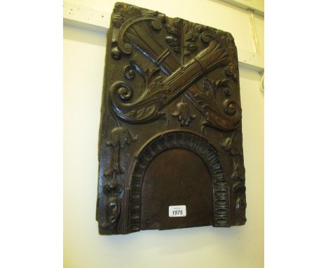 17th Century continental carved walnut panel decorated with cornucopia on pine backing board